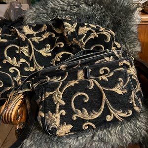 Black and Gold Leaf Fabric (2) pcs Travel and Makeup Bag